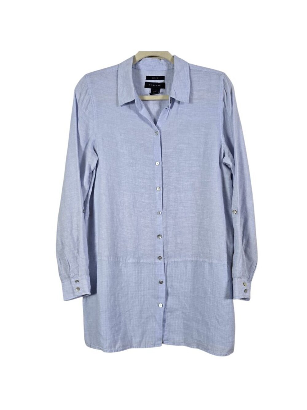 Tahari Womens Blue 100% Linen Long Sleeve Roll Tab Sleeve Button Up Tunic Medium